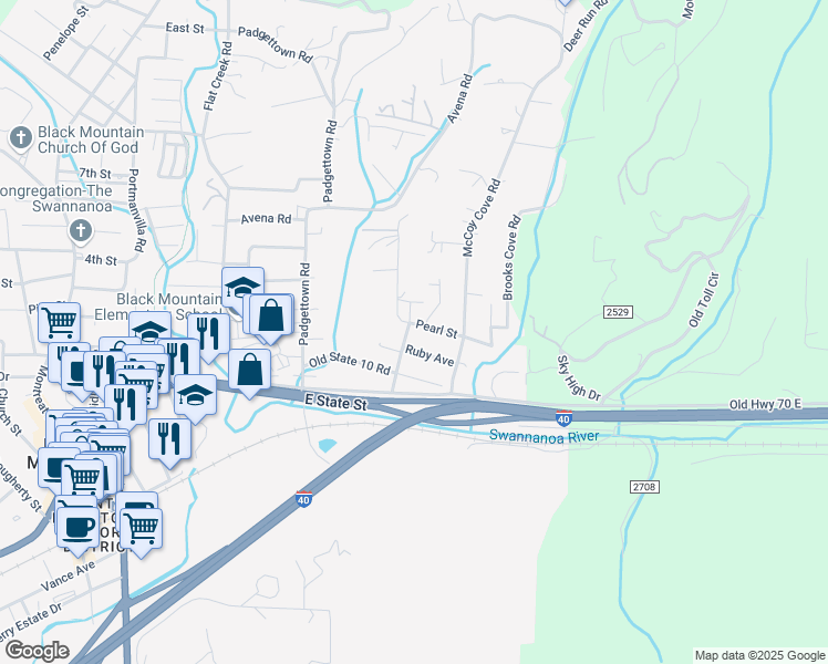 map of restaurants, bars, coffee shops, grocery stores, and more near 304 Kerlee Heights Road in Black Mountain