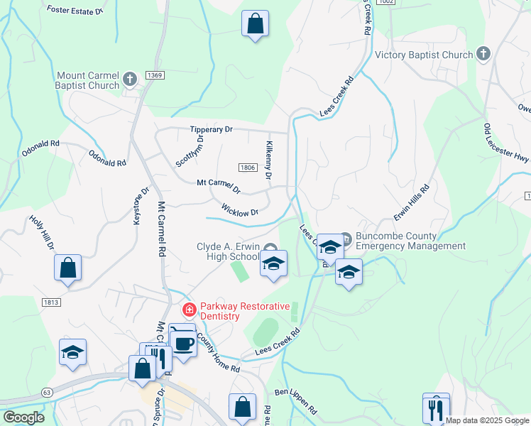 map of restaurants, bars, coffee shops, grocery stores, and more near 103 Wicklow Drive in Asheville