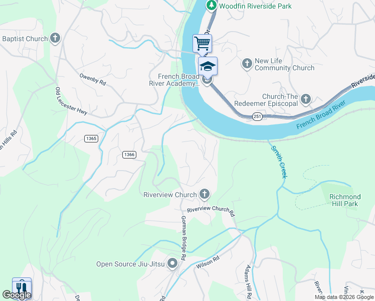 map of restaurants, bars, coffee shops, grocery stores, and more near 34 Red Tail Hawk Lane in Asheville