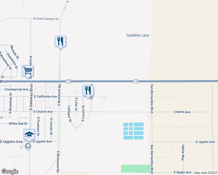 map of restaurants, bars, coffee shops, grocery stores, and more near 26 San Bernardino Boulevard in Ridgecrest