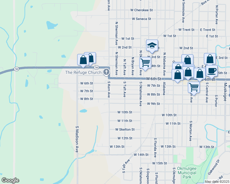 map of restaurants, bars, coffee shops, grocery stores, and more near 1107 West 8th Street in Okmulgee