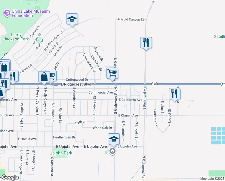map of restaurants, bars, coffee shops, grocery stores, and more near 836 Commercial Avenue in Ridgecrest