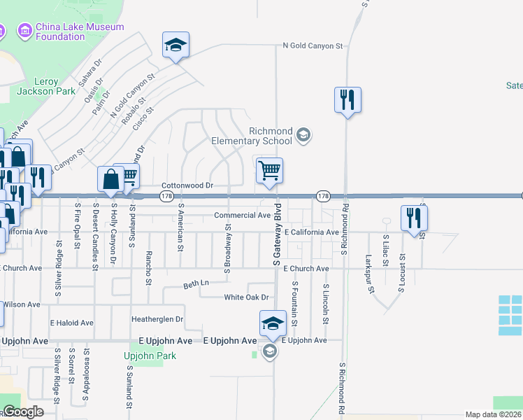 map of restaurants, bars, coffee shops, grocery stores, and more near 843 East Ridgecrest Boulevard in Ridgecrest