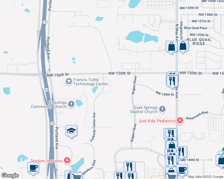 map of restaurants, bars, coffee shops, grocery stores, and more near Parkway Center Avenue in Oklahoma City
