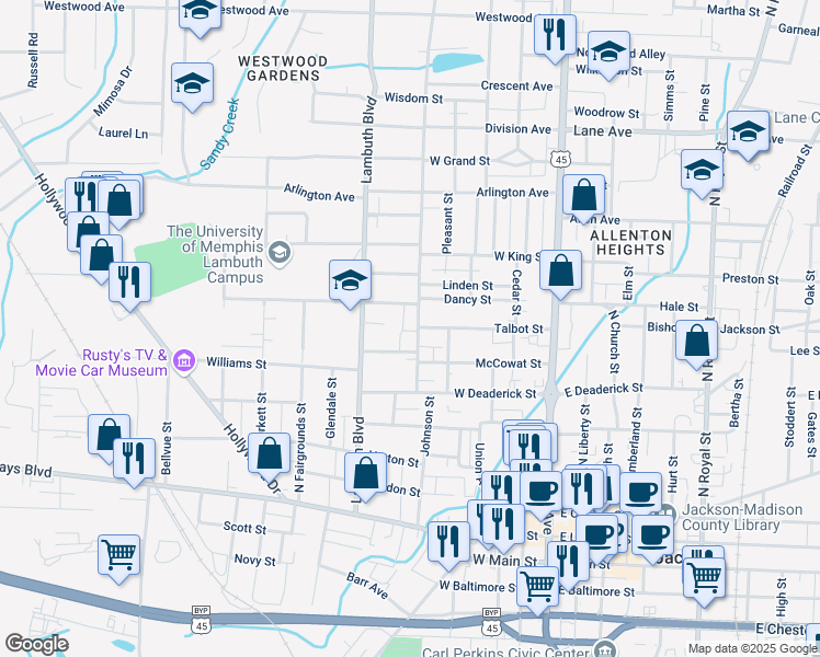 map of restaurants, bars, coffee shops, grocery stores, and more near 120 1/2 Maple Street in Jackson