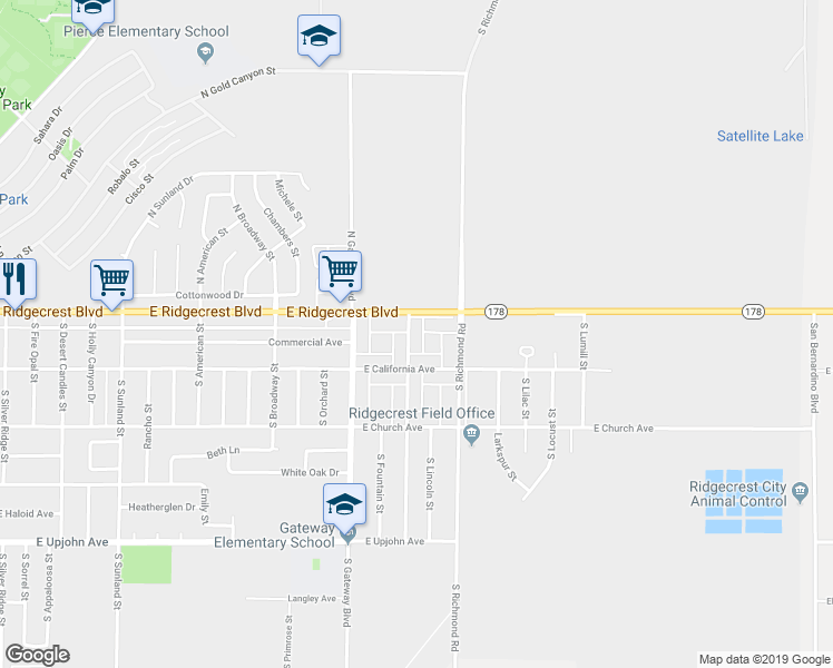 map of restaurants, bars, coffee shops, grocery stores, and more near 108 South Valley Street in Ridgecrest