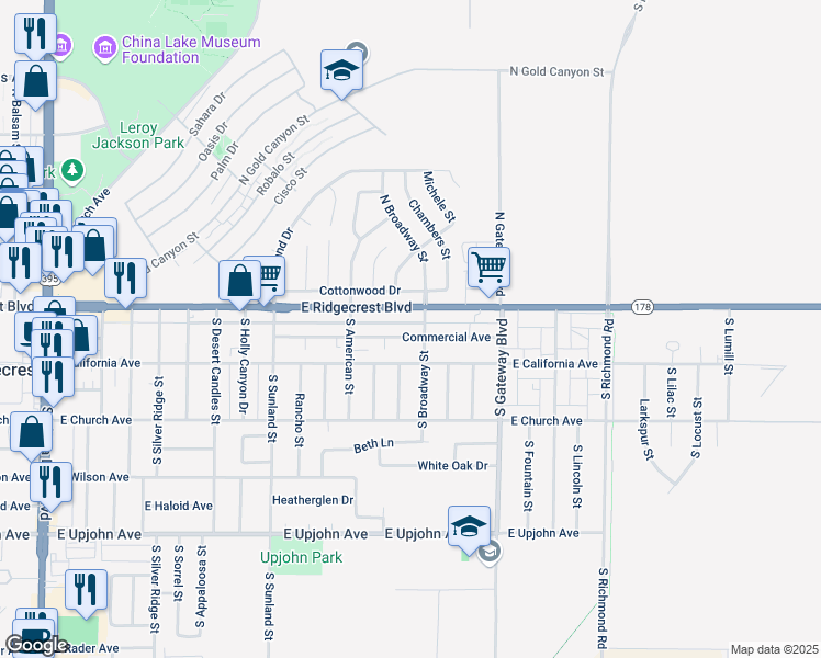 map of restaurants, bars, coffee shops, grocery stores, and more near 719 East Ridgecrest Boulevard in Ridgecrest