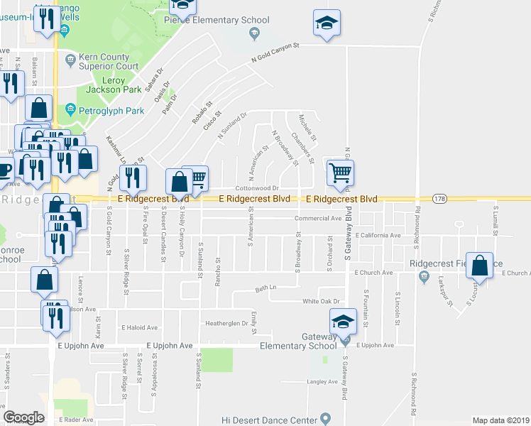 map of restaurants, bars, coffee shops, grocery stores, and more near 636 Commercial Avenue in Ridgecrest
