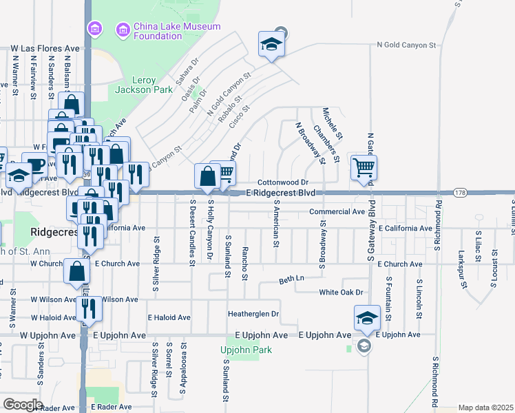 map of restaurants, bars, coffee shops, grocery stores, and more near 525 California 178 in Ridgecrest