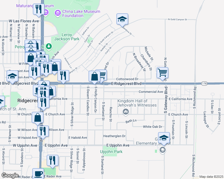 map of restaurants, bars, coffee shops, grocery stores, and more near 525 California 178 in Ridgecrest