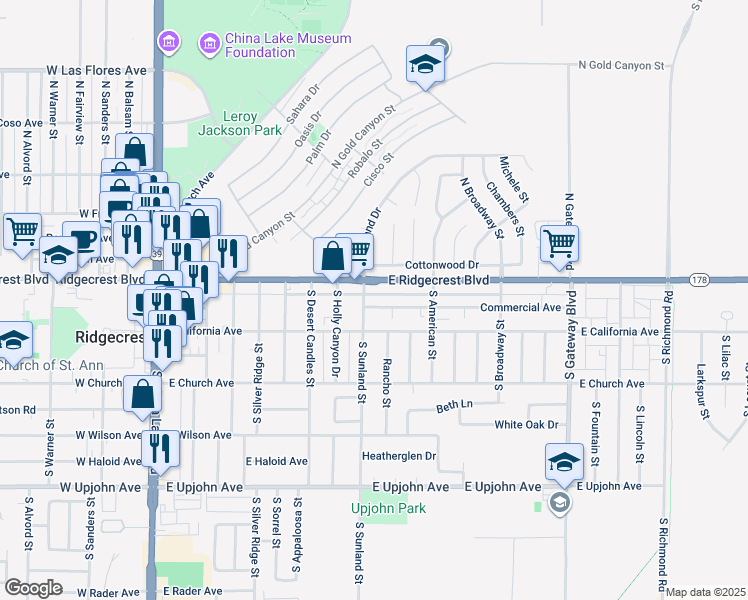 map of restaurants, bars, coffee shops, grocery stores, and more near 525 California 178 in Ridgecrest