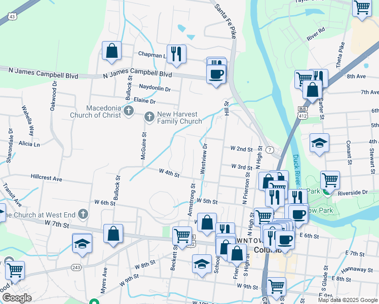 map of restaurants, bars, coffee shops, grocery stores, and more near 401 Armstrong Street in Columbia