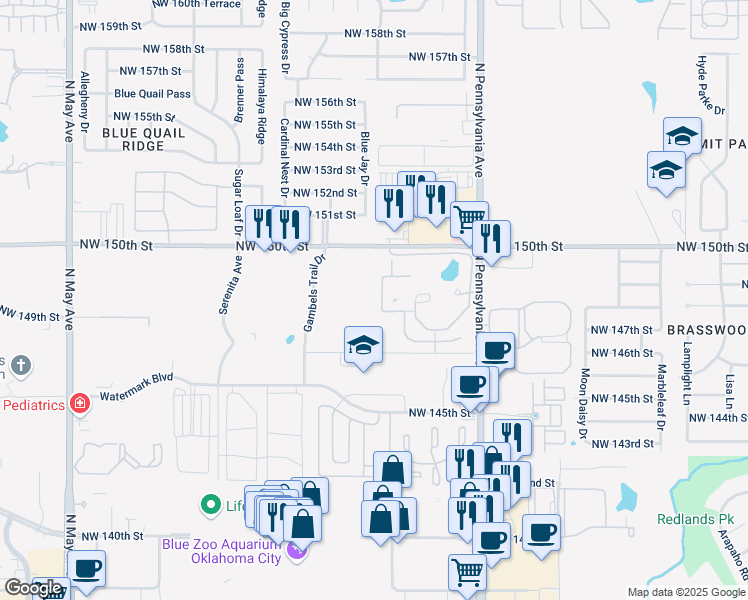 map of restaurants, bars, coffee shops, grocery stores, and more near Wesley Village Dr in Oklahoma City