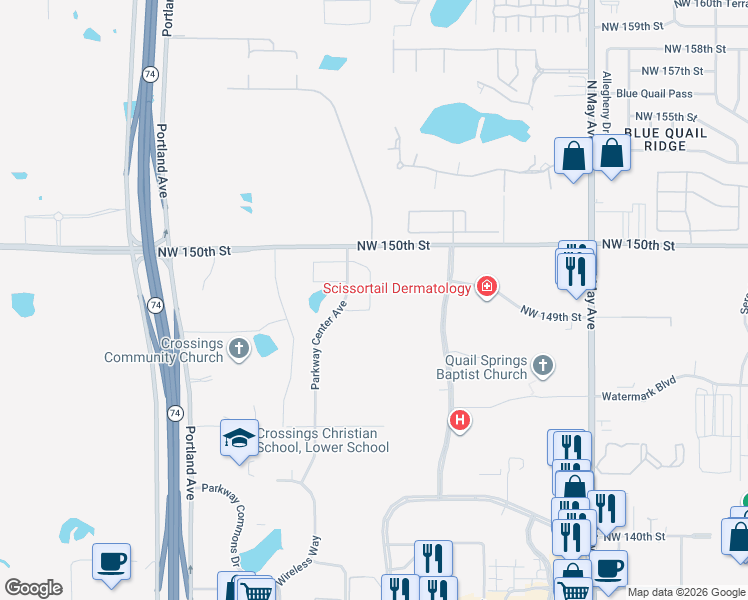 map of restaurants, bars, coffee shops, grocery stores, and more near Parkway Center Avenue in Oklahoma City