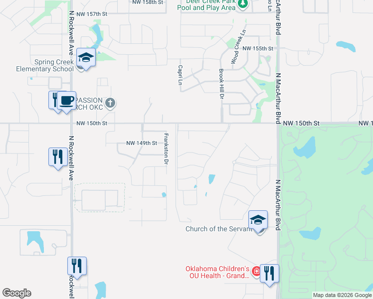map of restaurants, bars, coffee shops, grocery stores, and more near 5938-6372 Northwest 150th Street in Edmond