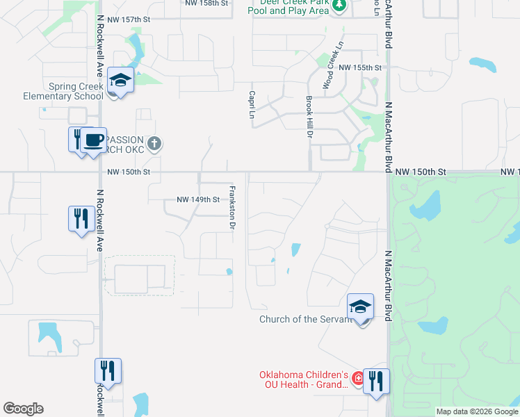 map of restaurants, bars, coffee shops, grocery stores, and more near 5938-6372 Northwest 150th Street in Edmond