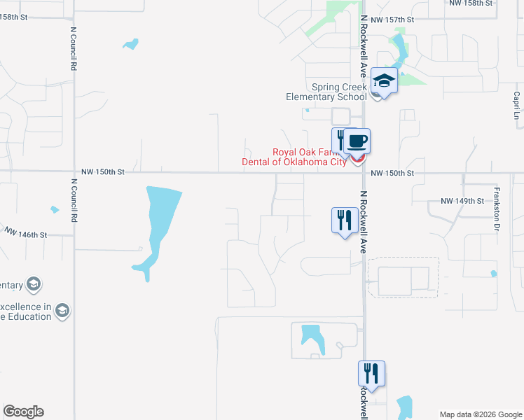 map of restaurants, bars, coffee shops, grocery stores, and more near 14837 Gravity Falls Lane in Oklahoma City