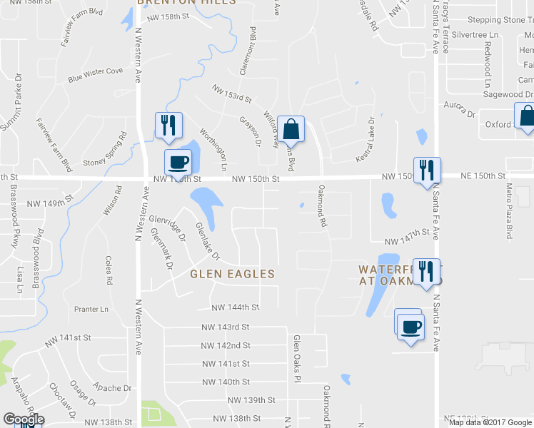 map of restaurants, bars, coffee shops, grocery stores, and more near 516 Northwest 149th Street in Edmond