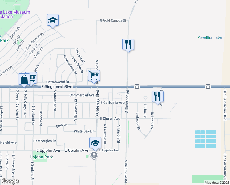 map of restaurants, bars, coffee shops, grocery stores, and more near 108 South Valley Street in Ridgecrest
