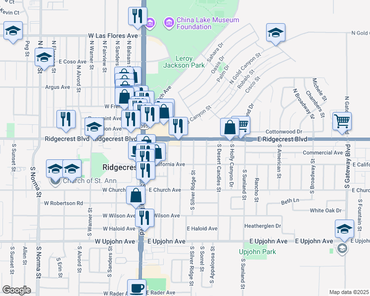 map of restaurants, bars, coffee shops, grocery stores, and more near 112 South Gold Canyon Street in Ridgecrest