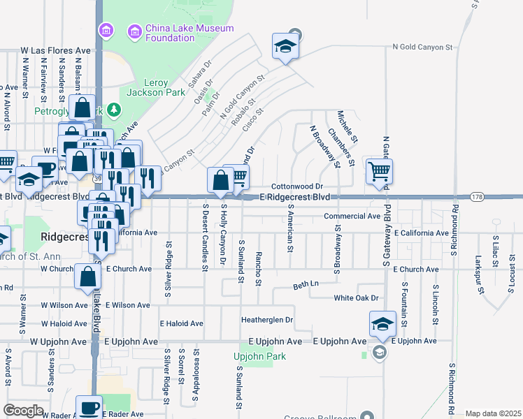 map of restaurants, bars, coffee shops, grocery stores, and more near 520 Commercial Avenue in Ridgecrest
