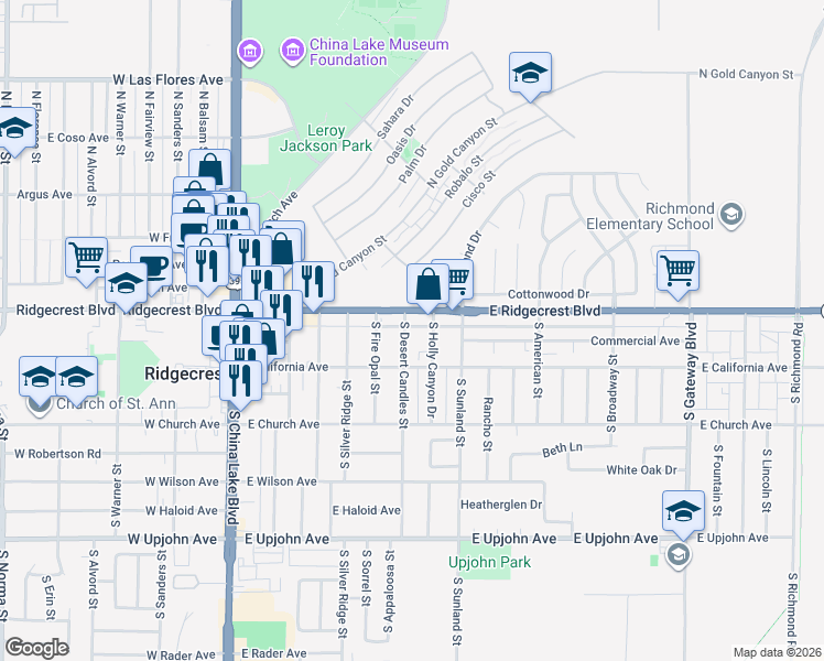 map of restaurants, bars, coffee shops, grocery stores, and more near 112 South Desert Candles Street in Ridgecrest