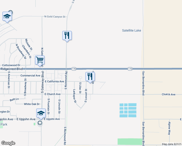 map of restaurants, bars, coffee shops, grocery stores, and more near 1249 East Ridgecrest Boulevard in Ridgecrest