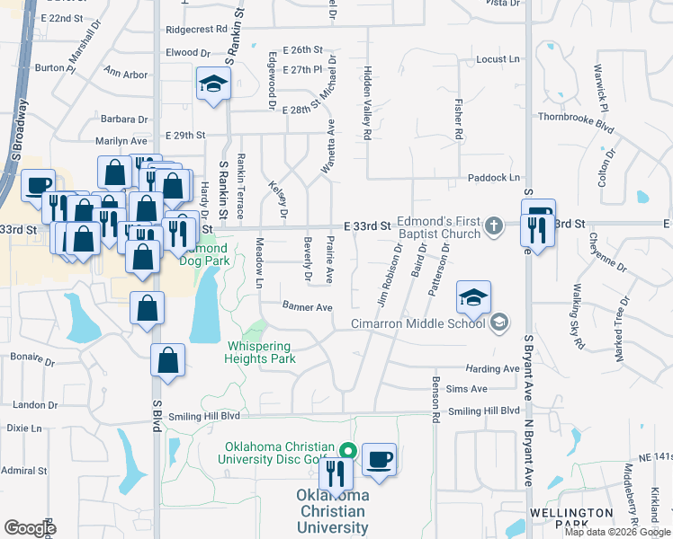 map of restaurants, bars, coffee shops, grocery stores, and more near 3417 Prairie Avenue in Edmond