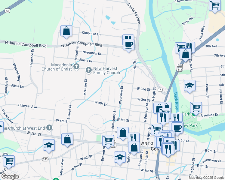 map of restaurants, bars, coffee shops, grocery stores, and more near 401 Armstrong Street in Columbia