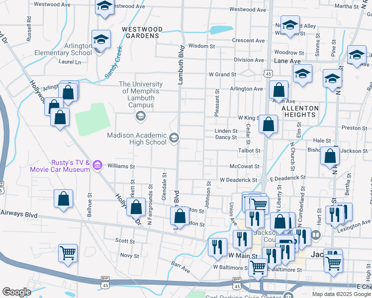 map of restaurants, bars, coffee shops, grocery stores, and more near 120 1/2 Maple Street in Jackson
