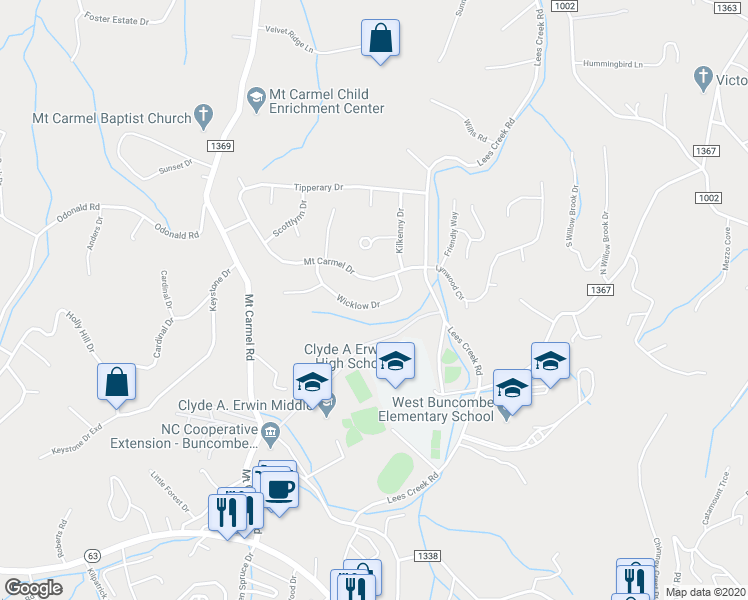 map of restaurants, bars, coffee shops, grocery stores, and more near 108 Wicklow Drive in Asheville