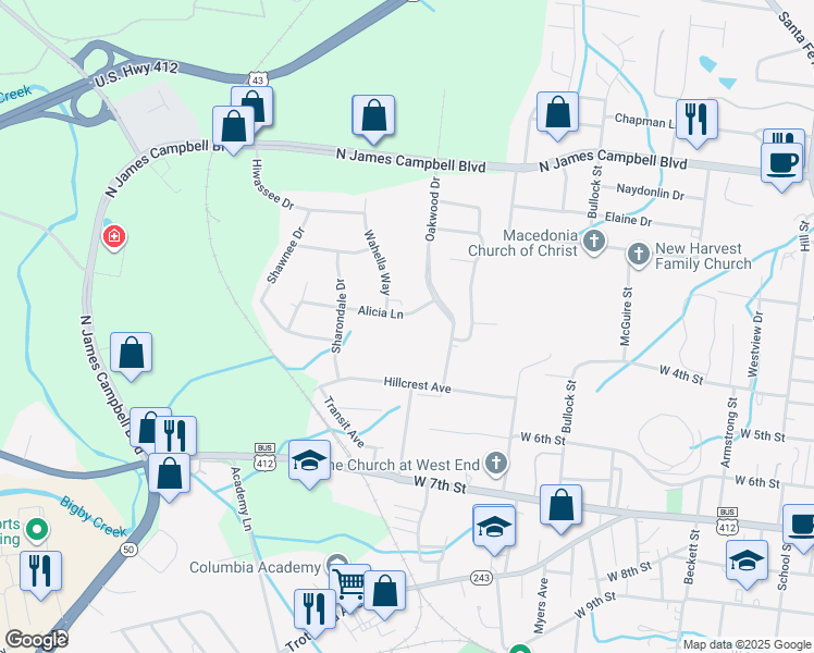 map of restaurants, bars, coffee shops, grocery stores, and more near 1003 Alicia Lane in Columbia