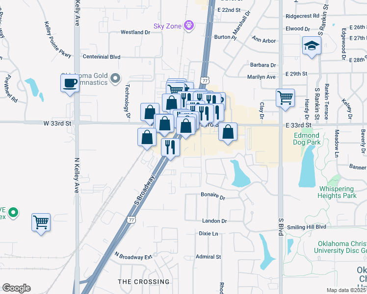 map of restaurants, bars, coffee shops, grocery stores, and more near 3410 South Broadway in Edmond