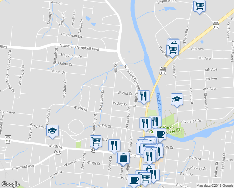 map of restaurants, bars, coffee shops, grocery stores, and more near 419 West 2nd Street in Columbia
