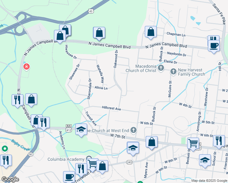map of restaurants, bars, coffee shops, grocery stores, and more near 1003 Alicia Lane in Columbia