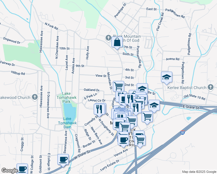 map of restaurants, bars, coffee shops, grocery stores, and more near 107 Mountain Street in Black Mountain