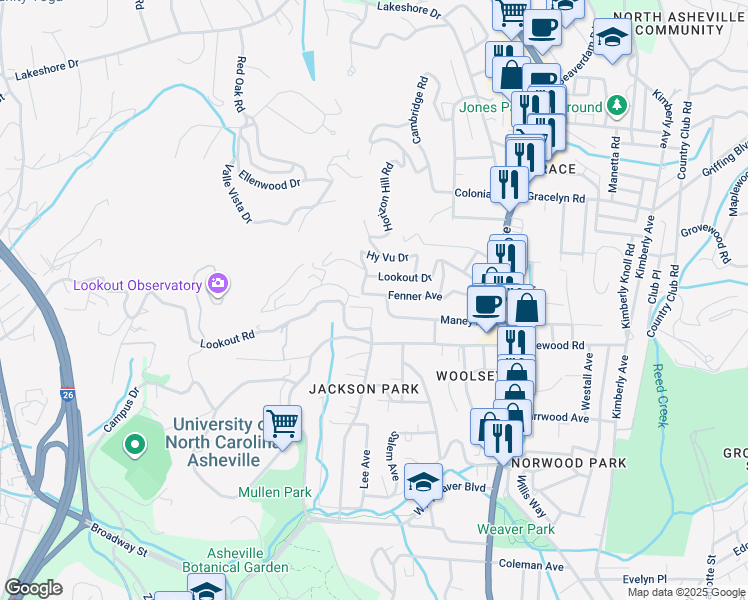 map of restaurants, bars, coffee shops, grocery stores, and more near 142 Fenner Avenue in Asheville