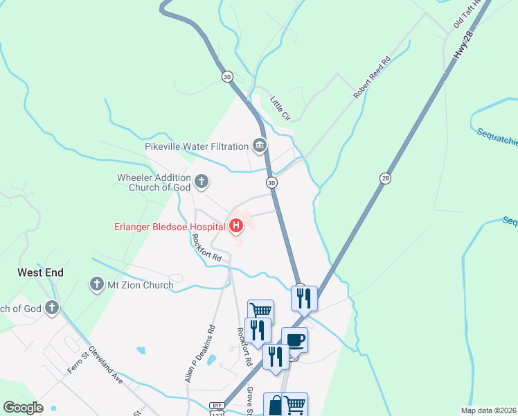 map of restaurants, bars, coffee shops, grocery stores, and more near 185 Wheelertown Avenue in Pikeville