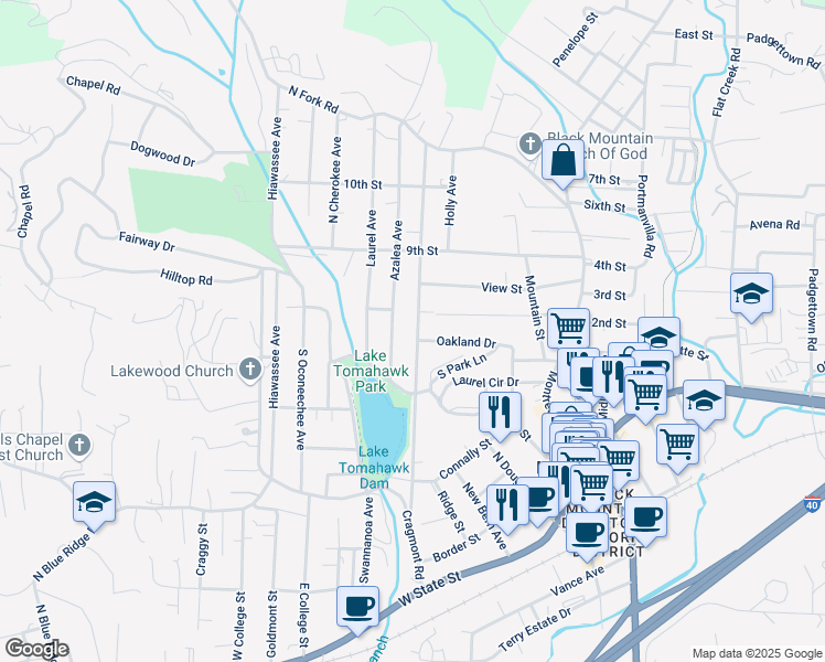 map of restaurants, bars, coffee shops, grocery stores, and more near 523 Rhododendron Avenue in Black Mountain