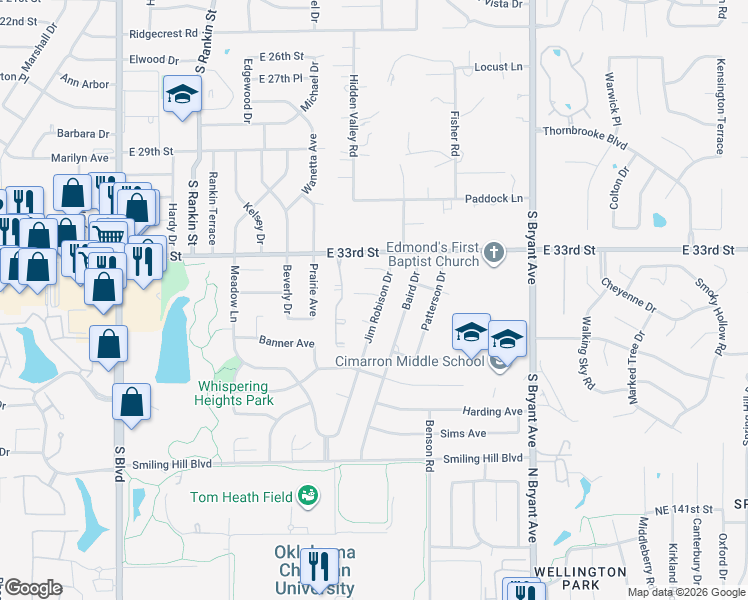 map of restaurants, bars, coffee shops, grocery stores, and more near 812 Owens Avenue in Edmond