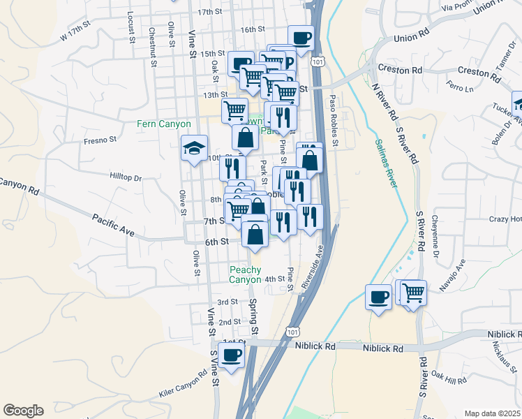 map of restaurants, bars, coffee shops, grocery stores, and more near 721 Park Street in Paso Robles