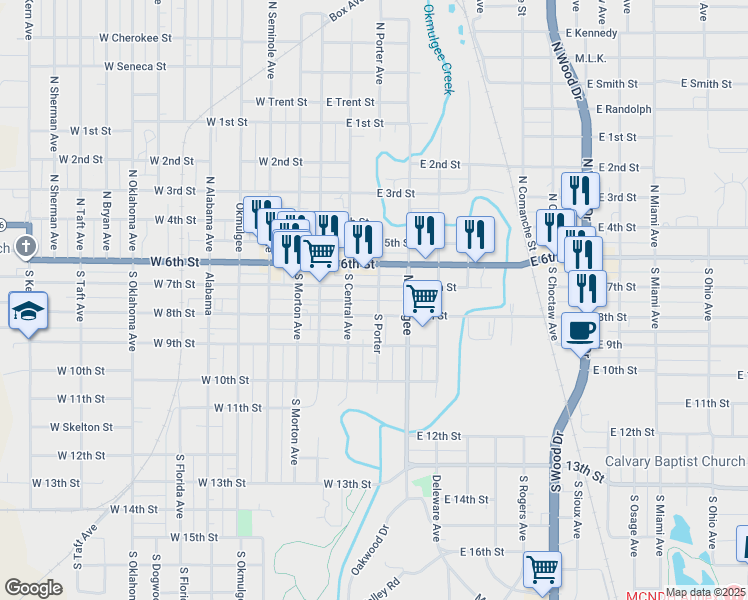 map of restaurants, bars, coffee shops, grocery stores, and more near 205 East 7th Street in Okmulgee