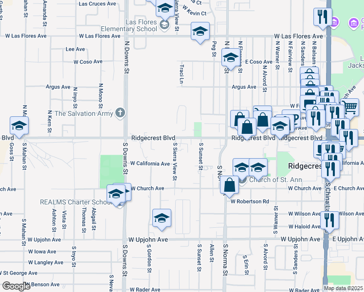 map of restaurants, bars, coffee shops, grocery stores, and more near 633 West Ridgecrest Boulevard in Ridgecrest