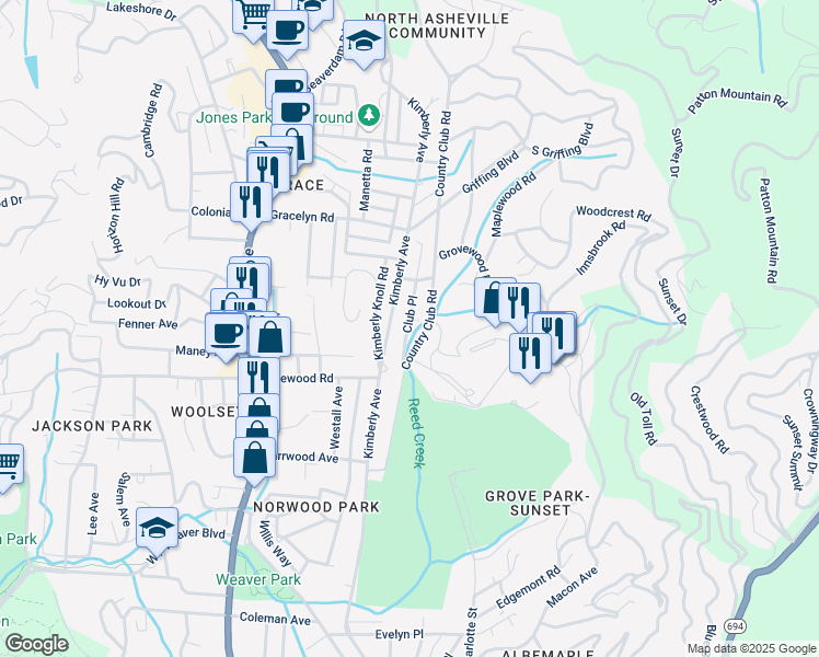 map of restaurants, bars, coffee shops, grocery stores, and more near 160 Country Club Place in Asheville