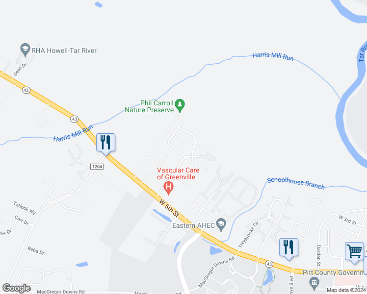 map of restaurants, bars, coffee shops, grocery stores, and more near 2603 Boone Court in Greenville