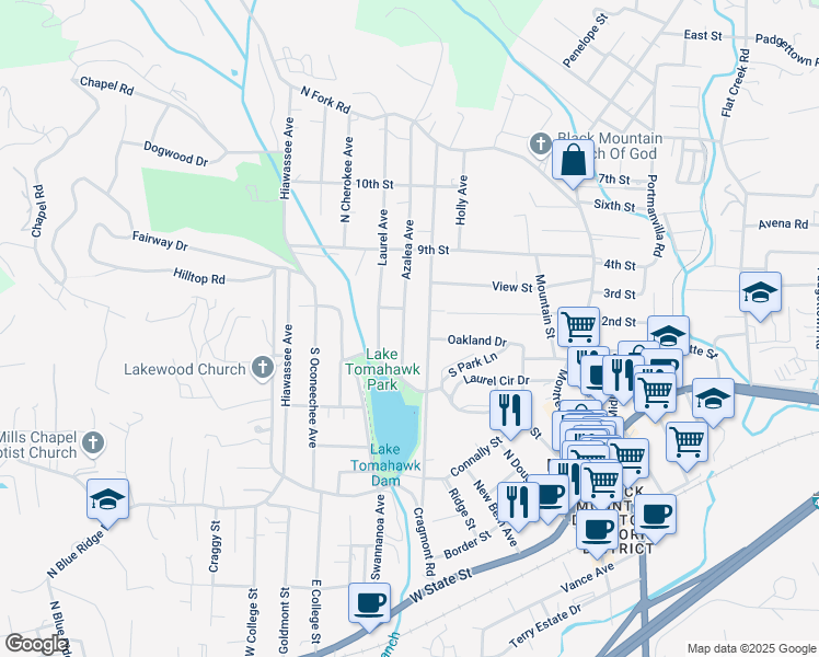 map of restaurants, bars, coffee shops, grocery stores, and more near 523 Rhododendron Avenue in Black Mountain
