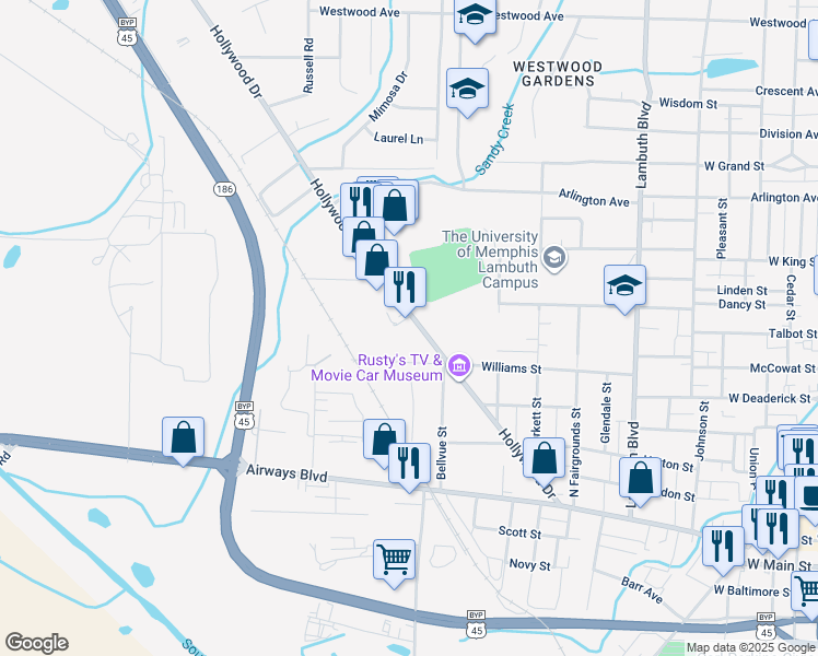 map of restaurants, bars, coffee shops, grocery stores, and more near 423 Hollywood Drive in Jackson