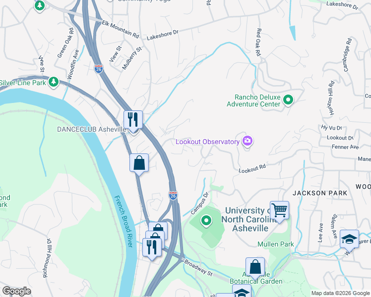 map of restaurants, bars, coffee shops, grocery stores, and more near 8 Apple Lane in Woodfin