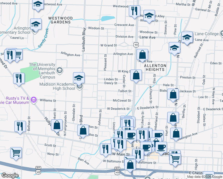 map of restaurants, bars, coffee shops, grocery stores, and more near 237 Talbot Street in Jackson