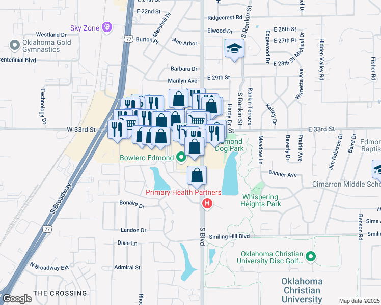 map of restaurants, bars, coffee shops, grocery stores, and more near 3325 South Boulevard in Edmond